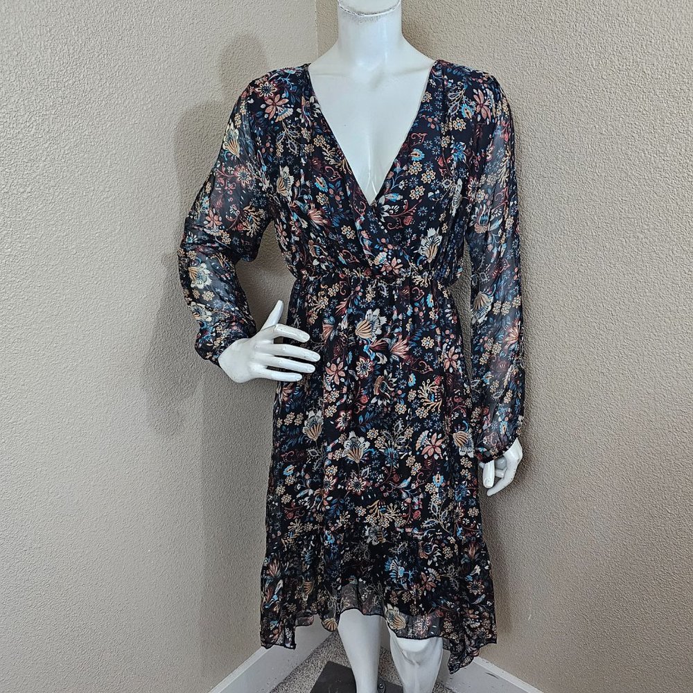ELENA BALDI Italy Silk Blend Floral V-neck Long Sleeve Hi Low Hem Dress~NWT~L
